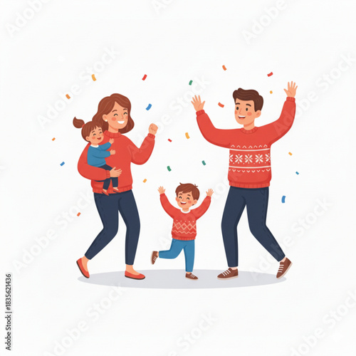 A happy family enjoying a fun New Year celebration, dressed in matching sweaters as confetti falls around them.