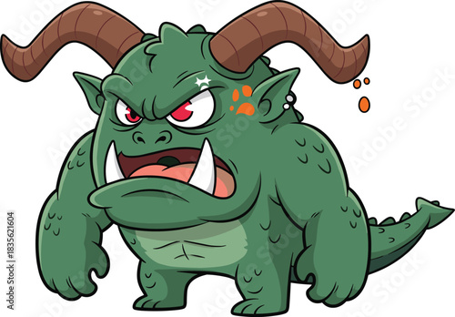 Cartoon green monster with horns, tusks, red eyes and fierce expression, fantasy creature character pose, flat vector illustration