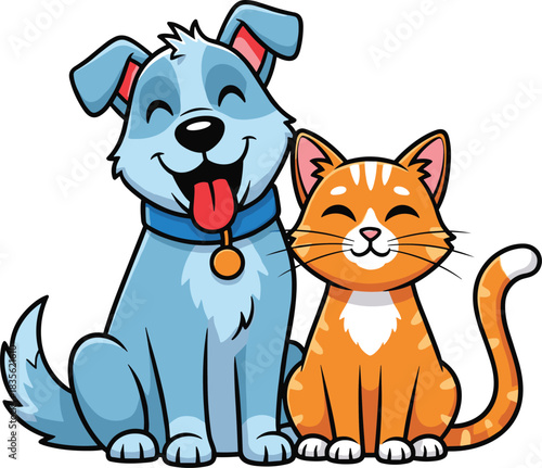 Cartoon dog and cat sitting side by side with happy expressions, friendly pet companions, flat vector illustration