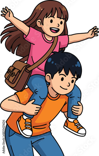 Cartoon girl sitting on boy’s shoulders with joyful smile and raised arms, playful bonding moment, flat vector illustration