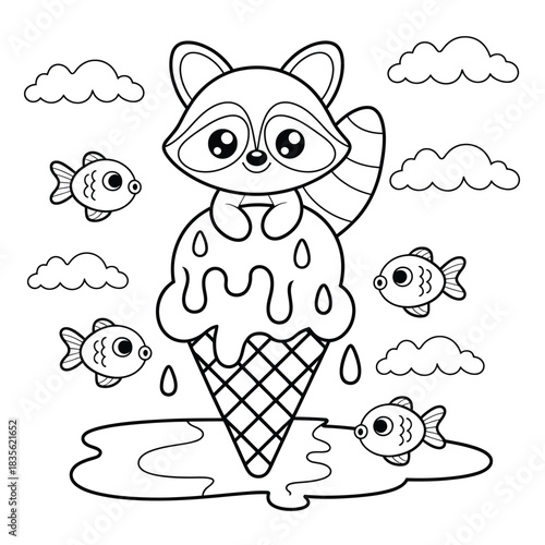 Adorable Raccoon on Ice Cream Cone with Fish and Clouds Coloring Page