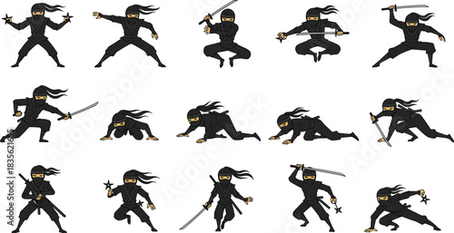 Cartoon ninjas in dynamic action poses with swords and shurikens, martial arts character set, flat vector illustration