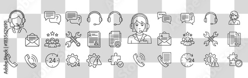 Customer service icons depicting support communication and assistance for business solutions