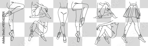 Elegant ballet dancers in various poses showcasing grace and skill in a minimalist line art style