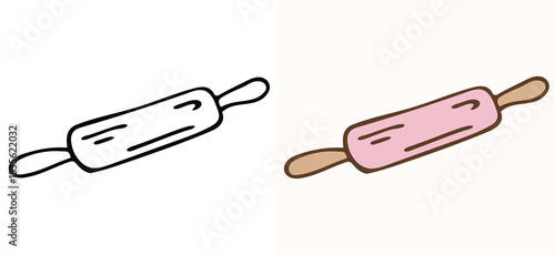 Vector illustration of a rolling pin sketch, including both outline and colored versions. This is an essential kitchen utensil used for baking, flattening dough, and preparing pastry. 