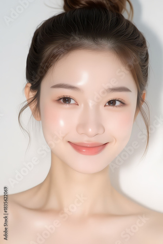 Female Asian Model with Short Hair - Young Beautiful Woman with Hair Bun - Studio Portrait of Asian Beauty for Fashion, Cosmetic, Skincare - Posing on White Background - Smooth Tied Hair