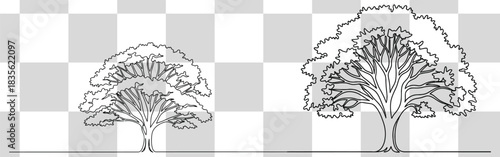 Two outlined trees stand side by side against a checkered background in a minimalist design style