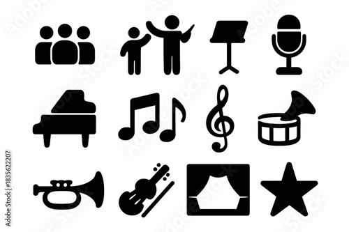 Musical Ensemble Icons. Musical ensemble. Solid icon set of musical ensemble: group of people, conductor, music stand, microphone, piano, notes, treble clef,