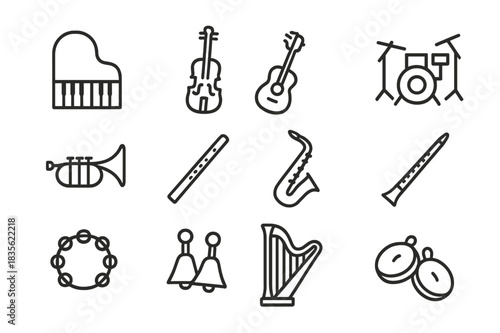 Musical Icons Grid. Musical Instruments. Line icon set of Musical Instruments: piano, violin, guitar, drum set, trumpet, flute, saxophone, clarinet, harp,