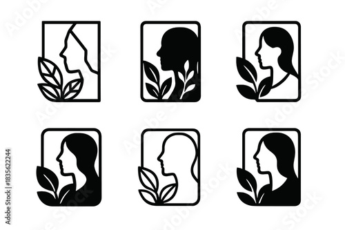 Nature Photoshoot Logos. May photoshoot in nature. Icon set. Set Logo of nature photoshoot: portrait scene with leaves. harmonious logo variations of the same