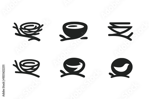 Nest Logo Variations. Nest. Icon set. Set Logo of nest: twig nest cradled on a tree branch. harmonious logo variations of the same emblematic concept, each