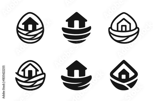 Nest Logo Variations. Nest. Icon set. Set Logo of nest: home and warmth concept. harmonious logo variations of the same emblematic concept, each with different