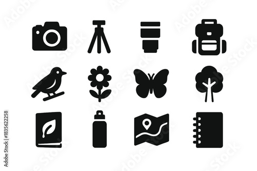 Nature Photography Icons. Nature photography. Solid icon set of nature photography: camera, tripod, lens, backpack, bird, flower, butterfly, tree, field guide,