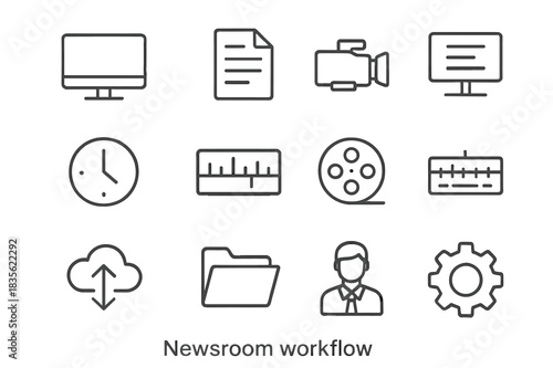 Newsroom Workflow Icons. Newsroom workflow. Line icon set of newsroom workflow: computer, news script, camera, teleprompter, clock, editing timeline, video