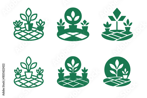 Outdoor Landscaping Logos. Outdoor landscaping design and installation. Icon set. Set Logo of outdoor landscaping design and installation: Patio with plants.