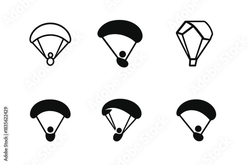 Paragliding Logos Collection. Paragliding. Icon set. Set Logo of Paragliding: glider silhouette in open sky. harmonious logo variations of the same emblematic