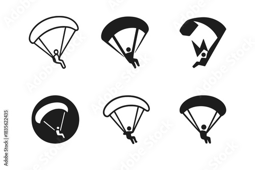 Paragliding Logos Collection. Paragliding. Icon set. Set Logo of Paragliding: glider silhouette in open sky. harmonious logo variations of the same emblematic