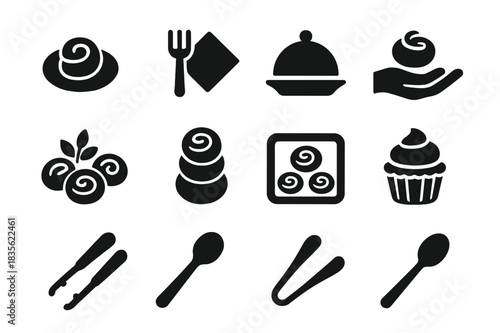 Pastry Serving Icons. Serving pastries. Solid icon set of Serving pastries: plate, pastry, fork, napkin, tray, hand icon, decorative garnish, pastry stack,