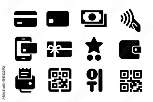 Payment Methods Icons. Payment methods. Solid icon set of Payment methods: credit card, debit card, cash, contactless icon, mobile pay, gift card, loyalty