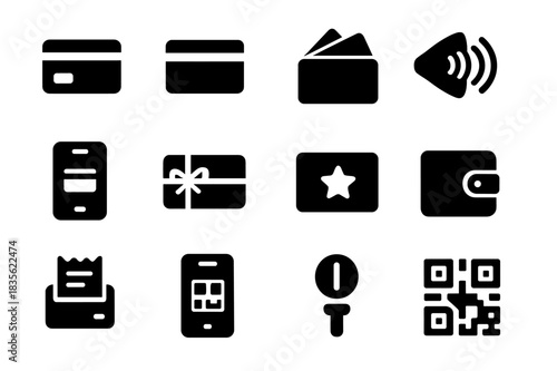 Payment Methods Icons. Payment methods. Solid icon set of Payment methods: credit card, debit card, cash, contactless icon, mobile pay, gift card, loyalty