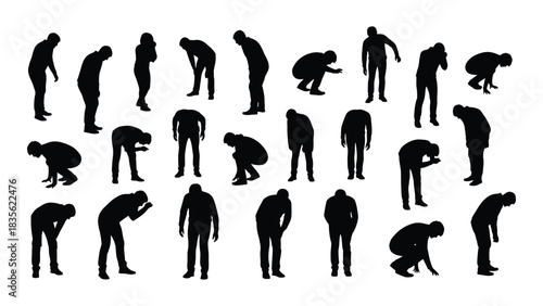 Silhouettes of people bending and squatting isolated on white background, Vector