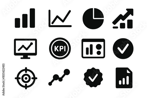Performance Metrics Icons. Performance metrics. Solid icon set of Performance metrics: bar chart, line graph, pie chart, growth arrow, analytics icon, KPI