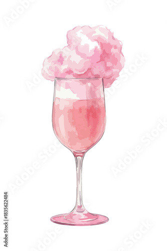 Pink cotton candy cocktail - vector watercolor sweet festive drink
