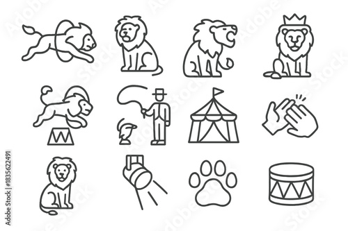Performing Lions Icons. Performing lions. Line icon set of Performing lions: lion jumping through hoop, lion on pedestal, roaring lion, lion with crown, lion