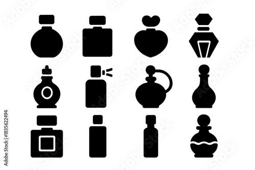 Perfume Bottle Icons. Perfume bottles. Solid icon set of perfume bottles: round bottle, rectangular bottle, heart-shaped bottle, crystal bottle, ornate flask,