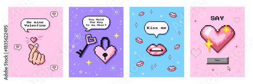 Cute pixel art Valentines Day posters collection in Y2K style with pastel pink, lavender, sky-blue palette. Perfect for cards, social media, stickers, digital invitations, kawaii love-themed designs.