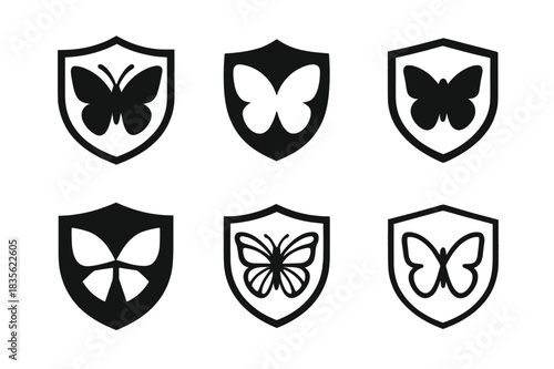 Pollinator Protection Icons. Protecting pollinators. Icon set. Set Logo of protecting pollinators: Butterfly. harmonious logo variations of the same emblematic