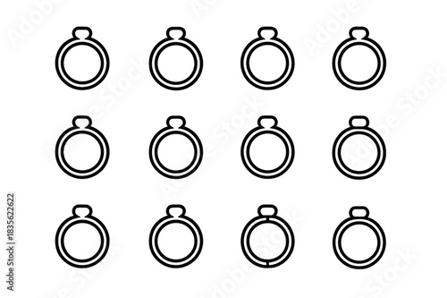 Precious Metal Icons. Precious metals. Line icon set of precious metals: gold ring, silver ring, platinum ring, white gold ring, rose gold ring, titanium ring,