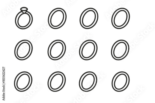 Precious Metal Icons. Precious metals. Line icon set of precious metals: gold ring, silver ring, platinum ring, white gold ring, rose gold ring, titanium ring,