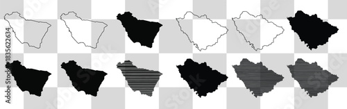 Saudi arabia map variations in black and white outline solid and striped patterns on checkered background