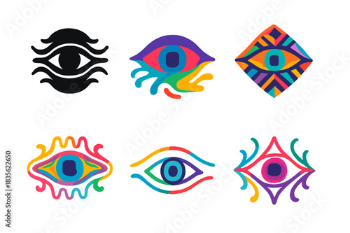 Psychedelic Eye Logos. Psychedelic and trippy designs. Icon set. Set Logo of psychedelic: all-seeing eye. harmonious logo variations of the same emblematic