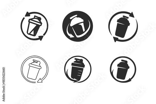 Protein Shaker Icons. Protein Shaker. Icon set. Set Logo of Protein Shaker: circular mixing motion. harmonious logo variations of the same emblematic concept,