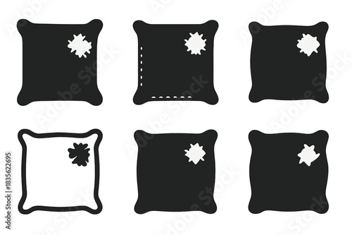 Ragged Pillow Logos. Ragged pillow. Icon set. Set Logo of ragged pillow: patched-up corner cushion. harmonious logo variations of the same emblematic concept,