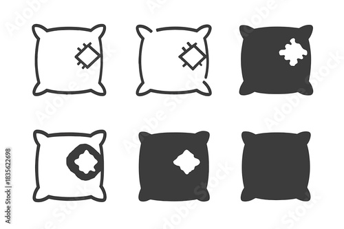 Ragged Pillow Logos. Ragged pillow. Icon set. Set Logo of ragged pillow: patched-up corner cushion. harmonious logo variations of the same emblematic concept,
