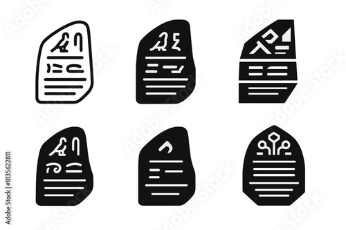 Rosetta Stone Icons. Famous archeological discoveries and their significance. Icon set. Set Logo of Rosetta Stone: the artifact with hieroglyphs, demotic, and