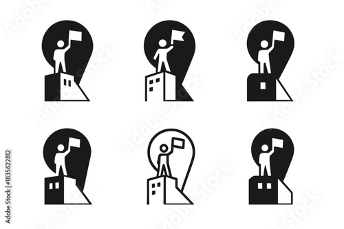 Rooftop Activist Logos. Activist on rooftop. Icon set. Set Logo of activist on rooftop: Spotlight shining on activist. harmonious logo variations of the same