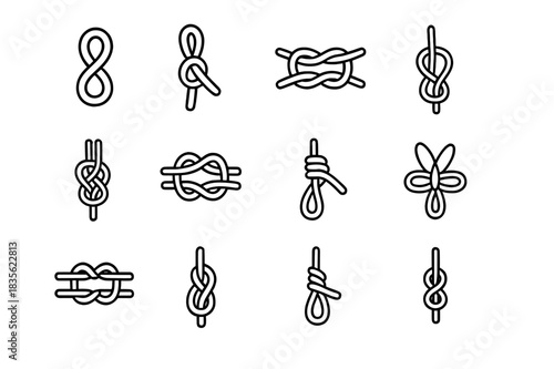Rope Knots Icons. Rope knots. Line icon set of rope knots: figure-eight, bowline, square knot, sheet bend, clove hitch, double fisherman's, taut-line hitch,