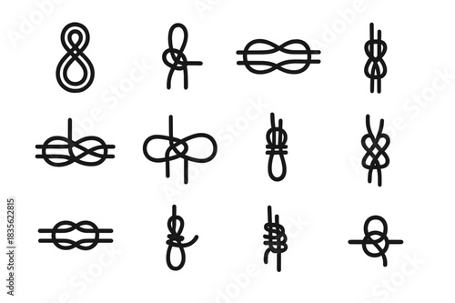 Rope Knots Icons. Rope knots. Line icon set of rope knots: figure-eight, bowline, square knot, sheet bend, clove hitch, double fisherman's, taut-line hitch,