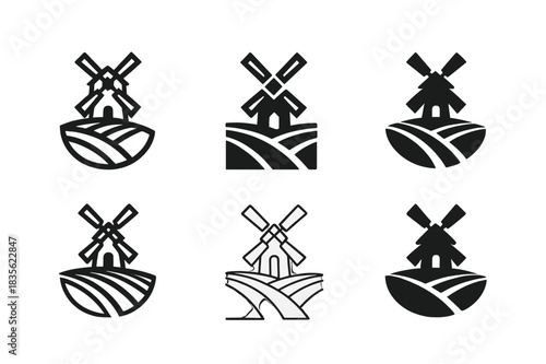 Rural Landscape Icons. Rural landscapes. Icon set. Set Logo of rural landscapes: Windmill and field lines. harmonious logo variations of the same emblematic