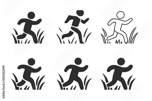 Running Joy Icons. Happy Person Running Through a Field. Icon set. Set Logo of Happy Person Running Through a Field: figure running among tall grass.