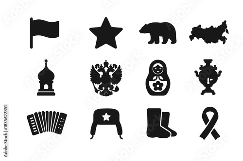 Russian Icon Set. Russian Symbols. Solid icon set of Russian Symbols: flag, star, bear, map, dome, double-headed eagle, matryoshka, samovar, accordion, fur