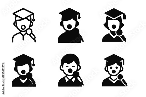 School Singing Logos. Singing for musical productions in schools. Icon set. Set Logo of singing for musical productions in schools: Student singing into