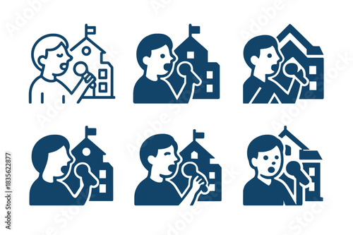 School Singing Logos. Singing for musical productions in schools. Icon set. Set Logo of singing for musical productions in schools: Student singing into