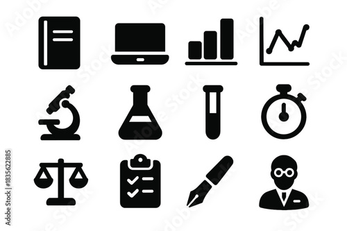 Scientific Icon Set. Data collection. Solid icon set of Data collection: notebook, laptop, chart, graph, microscope, flask, test tube, timer, measurement