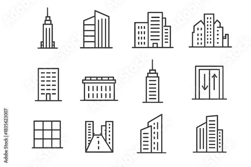 Skyscraper Line Icons. Skyscrapers. Line icon set of skyscrapers: tall tower, glass building, business center, office block, skyline, rooftop, antenna,