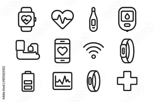 Smart Healthcare Icons. Smart healthcare devices. Line icon set of smart healthcare devices: smartwatch, heart rate, thermometer, glucose meter, blood pressure